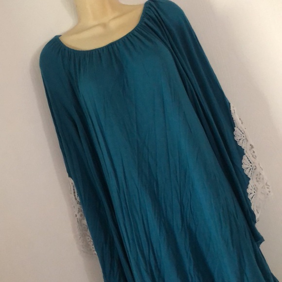 Woman’s bohemian fall blue embroidered crochet bell Sleeves eyelet tunic dress - Picture 2 of 14